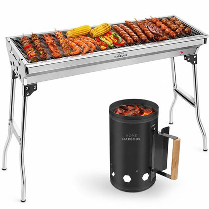 Home Harbour H1 Foldable Stainless Steel Charcoal BBQ Grill 73 x 33cm - H1 BBQ + Chimney Starter