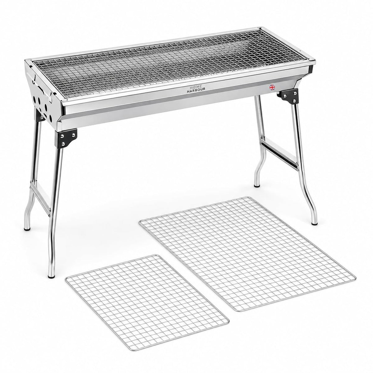 Home Harbour H1 Foldable Stainless Steel Charcoal BBQ Grill 73 x 33cm - H1 BBQ + Xtra Grill Net