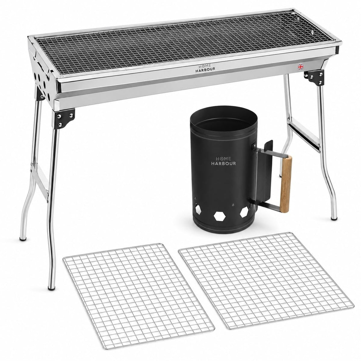 Home Harbour H1 Foldable Stainless Steel Charcoal BBQ Grill 73 x 33cm - H1 BBQ Bundle
