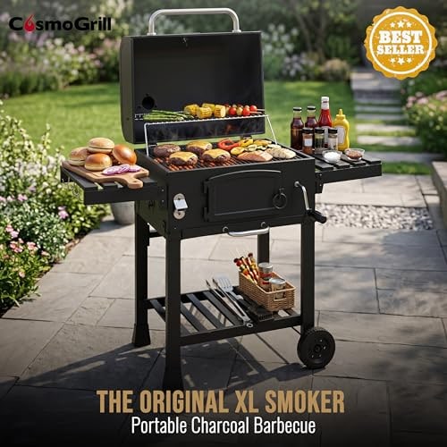 CosmoGrill XL Charcoal Smoker Barbecue with Adjustable Coal Tray and Thermometer