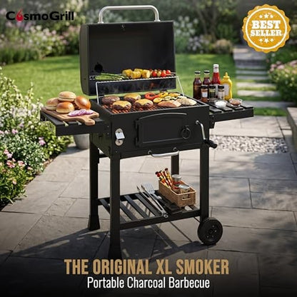 CosmoGrill XL Charcoal Smoker Barbecue with Adjustable Coal Tray and Thermometer