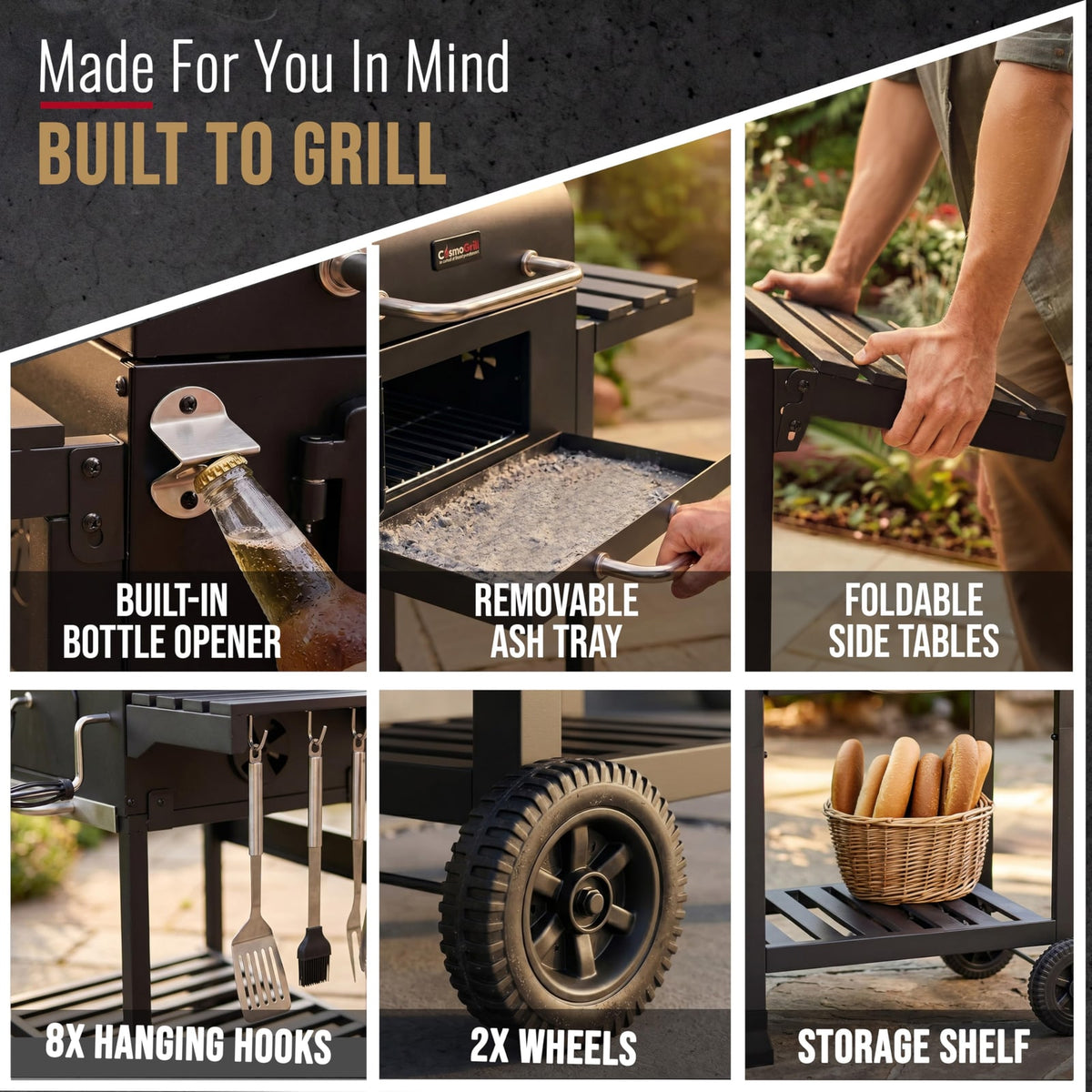 CosmoGrill XL Charcoal Smoker Barbecue with Adjustable Coal Tray and Thermometer