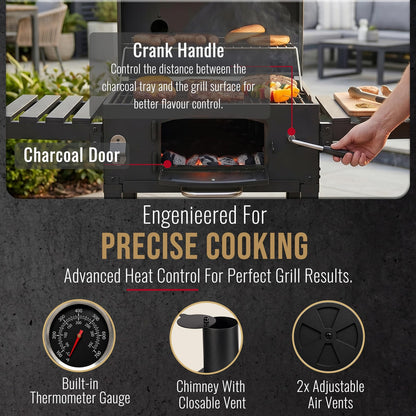 CosmoGrill XL Charcoal Smoker Barbecue with Adjustable Coal Tray and Thermometer