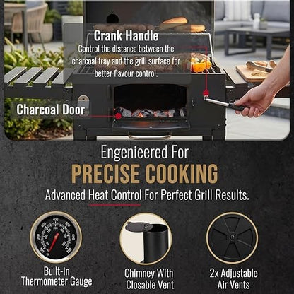 CosmoGrill XL Charcoal Smoker Barbecue with Adjustable Coal Tray and Thermometer