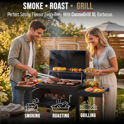 CosmoGrill XL Charcoal Smoker Barbecue with Adjustable Coal Tray and Thermometer