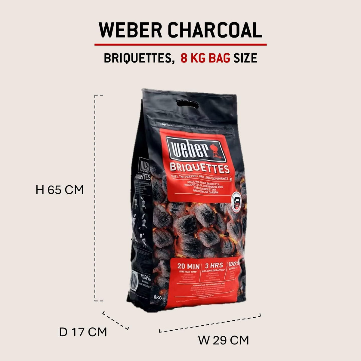 Weber Charcoal Briquettes 8kg, Natural BBQ Fuel, Up to 3 Hours