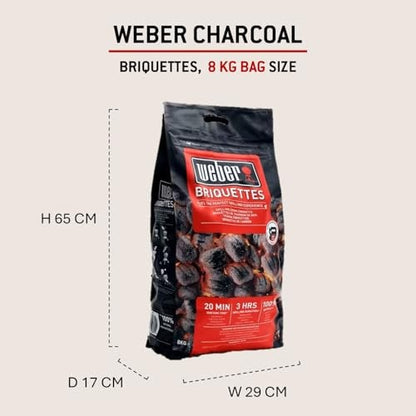 Weber Charcoal Briquettes 8kg, Natural BBQ Fuel, Up to 3 Hours