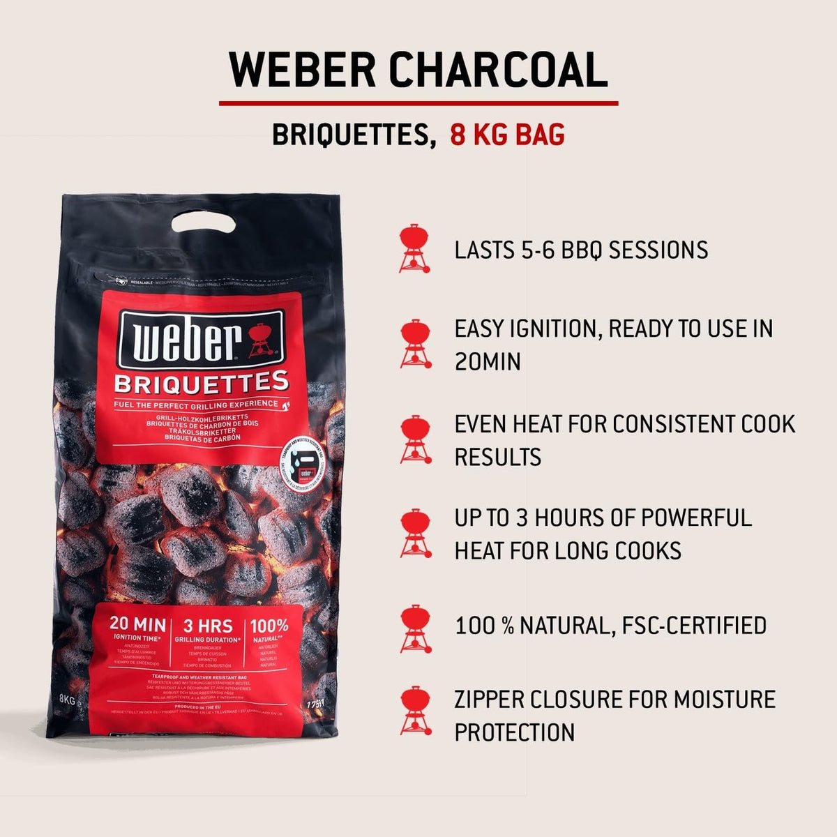 Weber Charcoal Briquettes 8kg, Natural BBQ Fuel, Up to 3 Hours
