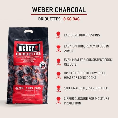 Weber Charcoal Briquettes 8kg, Natural BBQ Fuel, Up to 3 Hours