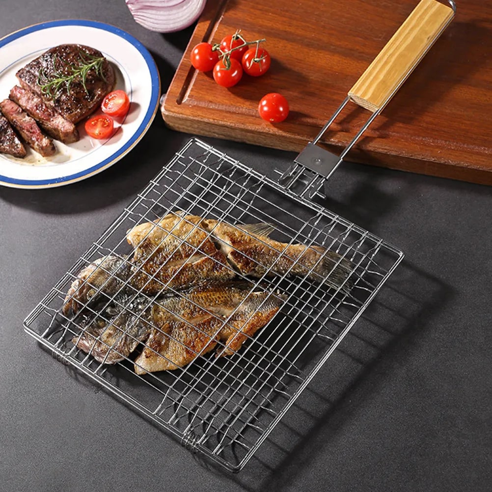 Steel Fish Grilling Basket for BBQ, Silver, 47 x 23 x 2.5 cm