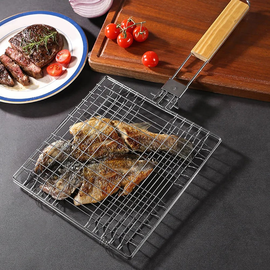 Steel Fish Grilling Basket for BBQ, Silver, 47 x 23 x 2.5 cm