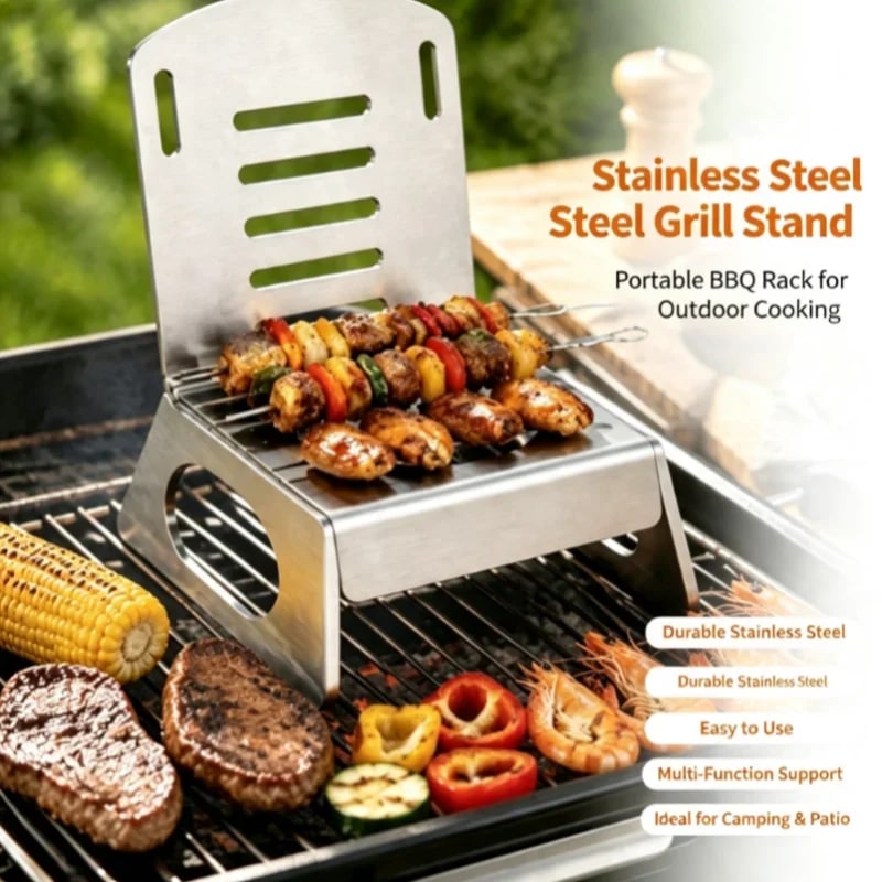 Stainless Steel BBQ Grill Stand and Skewer Holder Rack for Charcoal Grills