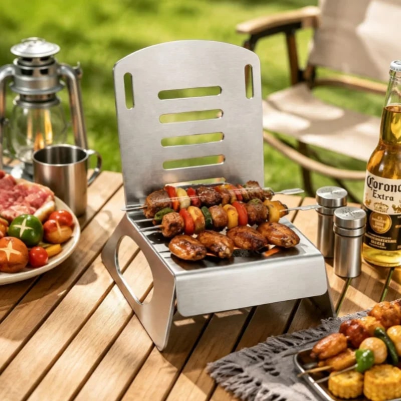 Stainless Steel BBQ Grill Stand and Skewer Holder Rack for Charcoal Grills