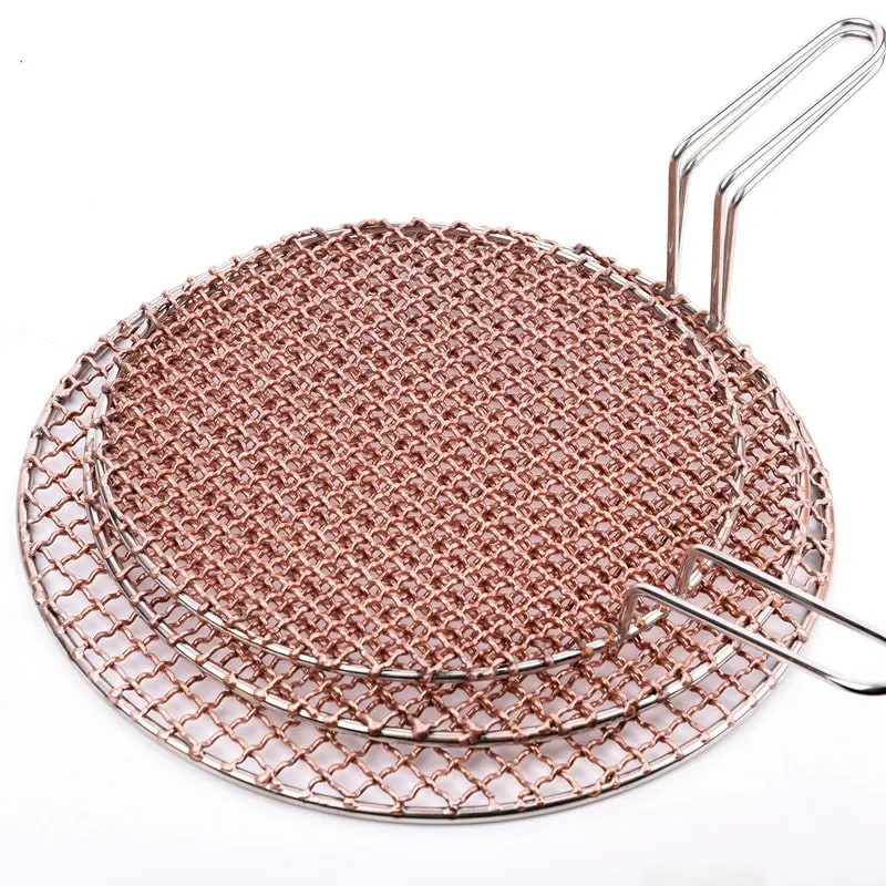 Copper Wire Charcoal BBQ Grill Mesh, Round or Rectangular with Optional Handle