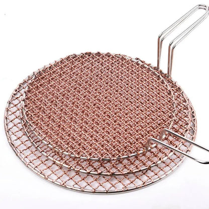 Copper Wire Charcoal BBQ Grill Mesh, Round or Rectangular with Optional Handle