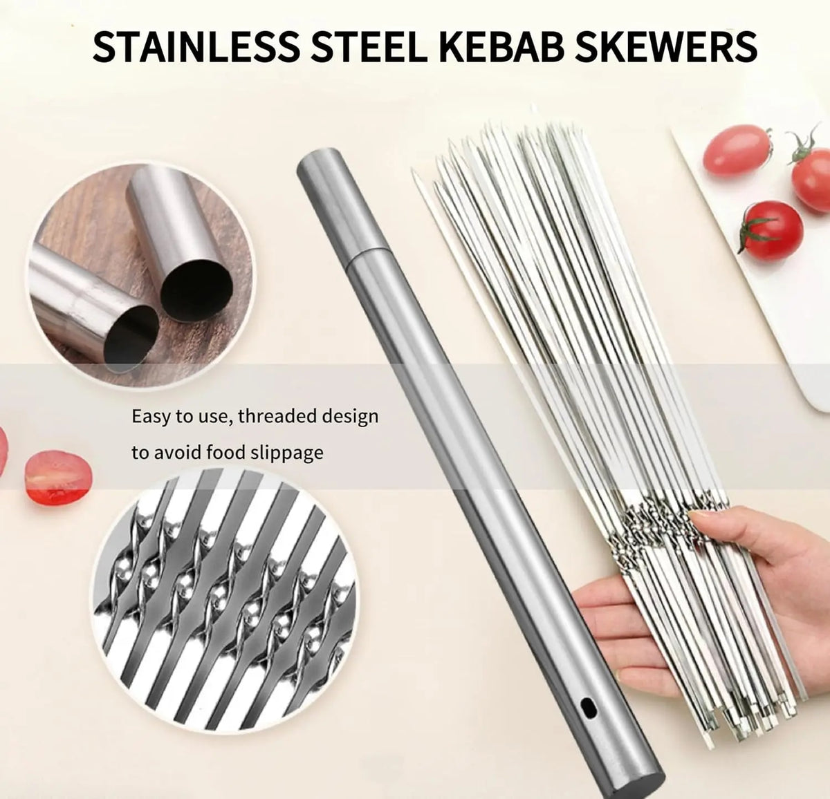Flat BBQ Skewers, 304 Stainless Steel, 35cm, 40 Pack with Storage Tube