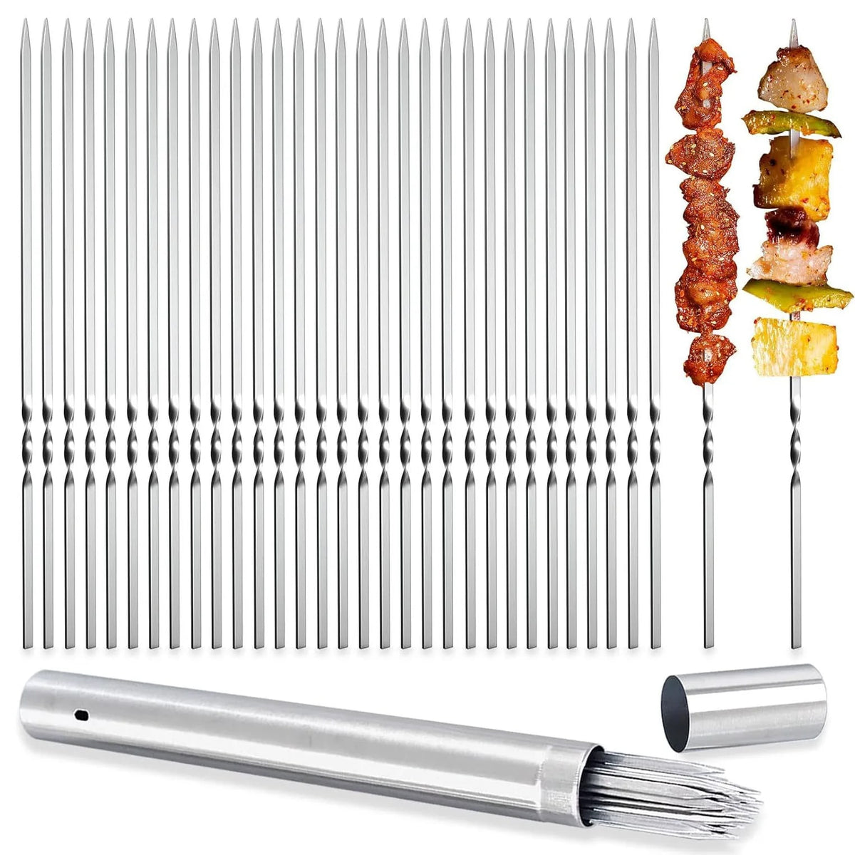 Flat BBQ Skewers, 304 Stainless Steel, 35cm, 40 Pack with Storage Tube