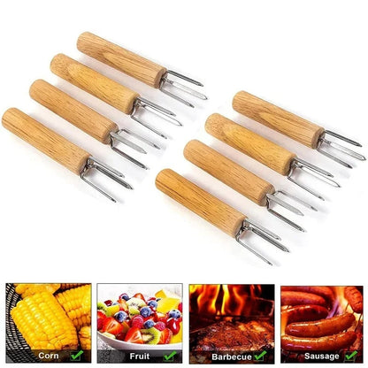 Stainless Steel Corn Holders with Wooden Handles, 2, 4 or 8 Pack