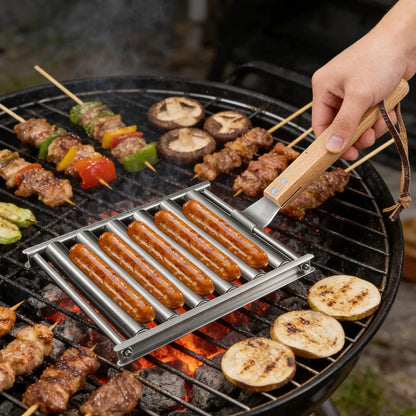 Stainless Steel Sausage Roller BBQ Rack with Detachable Handle, 16.5 x 14cm