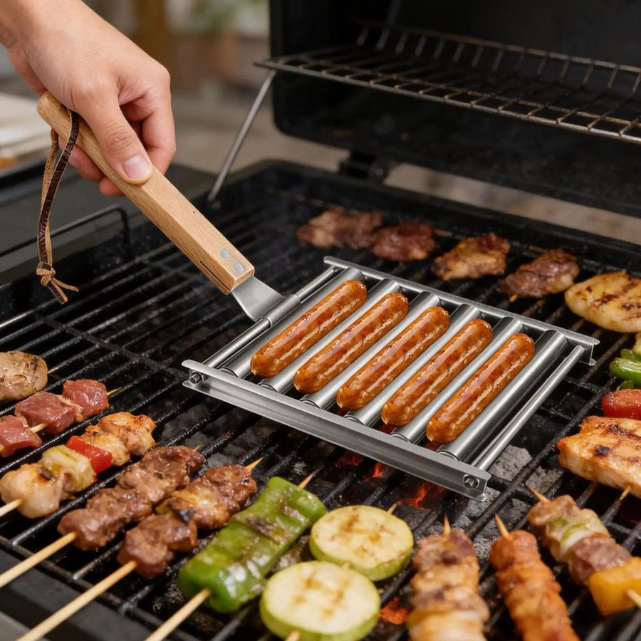 Stainless Steel Sausage Roller BBQ Rack with Detachable Handle, 16.5 x 14cm