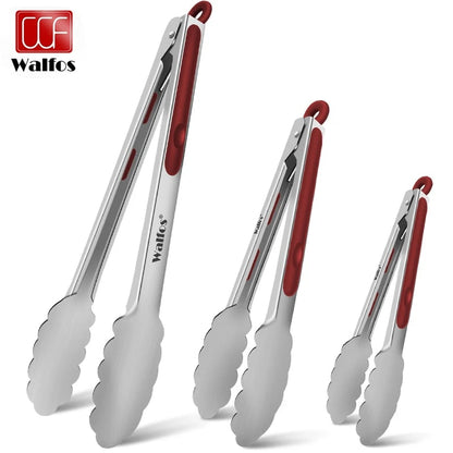 Walfos Red Stainless Steel BBQ Tongs with Non-Slip Grip, 7, 9 or 12 Inch