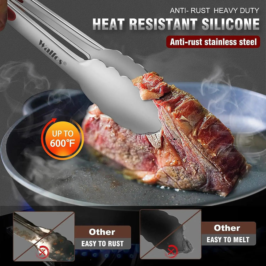 Walfos Red Stainless Steel BBQ Tongs with Non-Slip Grip, 7, 9 or 12 Inch