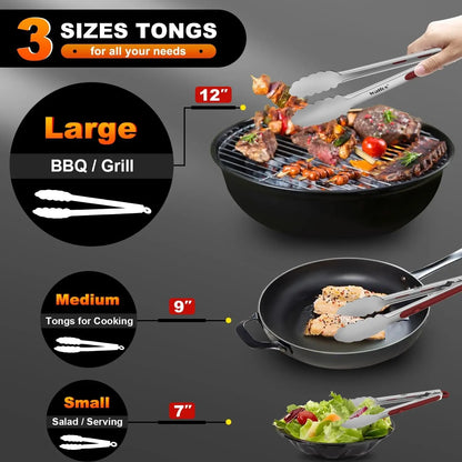 Walfos Red Stainless Steel BBQ Tongs with Non-Slip Grip, 7, 9 or 12 Inch