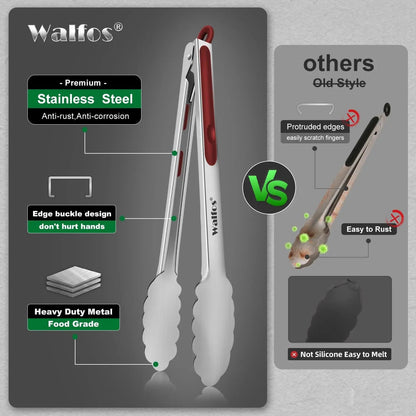 Walfos Red Stainless Steel BBQ Tongs with Non-Slip Grip, 7, 9 or 12 Inch