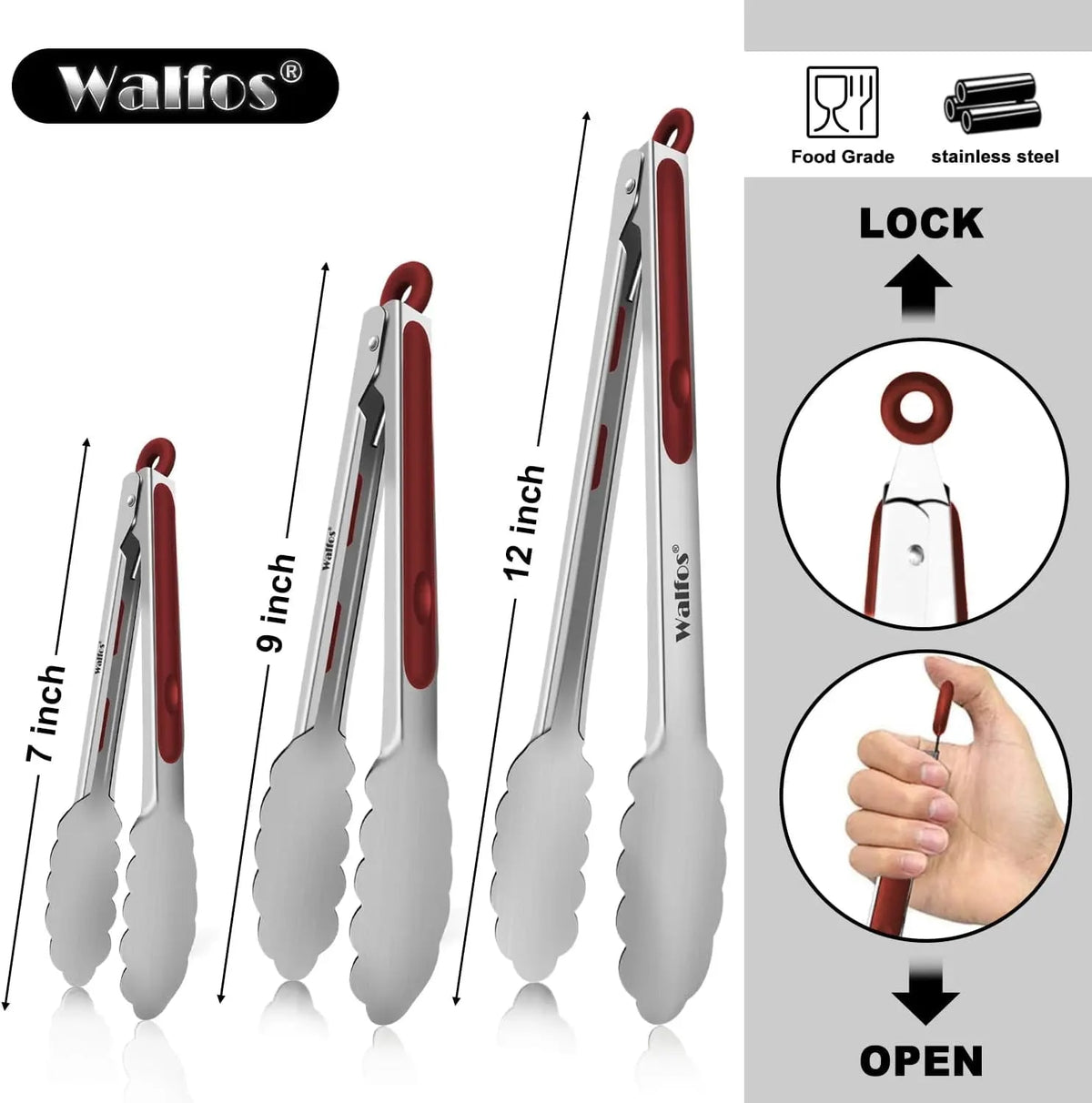 Walfos Red Stainless Steel BBQ Tongs with Non-Slip Grip, 7, 9 or 12 Inch
