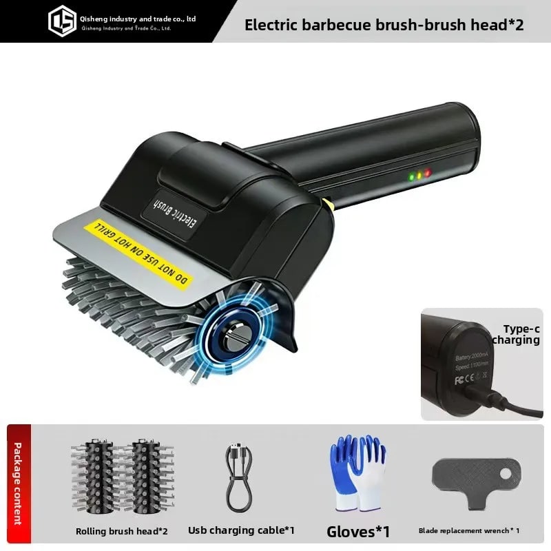 Rechargeable Electric BBQ Cleaning Brush with Stainless Steel Wire Bristles - Double brush head