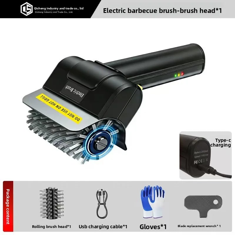 Rechargeable Electric BBQ Cleaning Brush with Stainless Steel Wire Bristles - Single brush head
