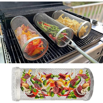 Cylindrical BBQ Grill Basket Rolling Grilling Cage, 20cm or 30cm