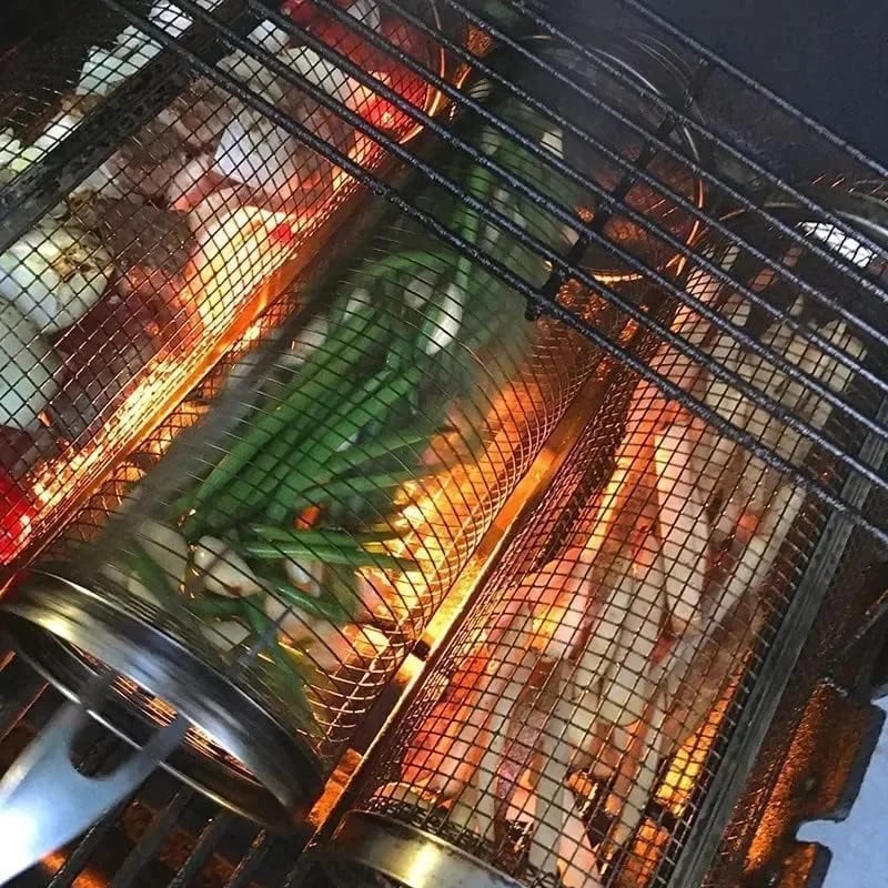 Cylindrical BBQ Grill Basket Rolling Grilling Cage, 20cm or 30cm
