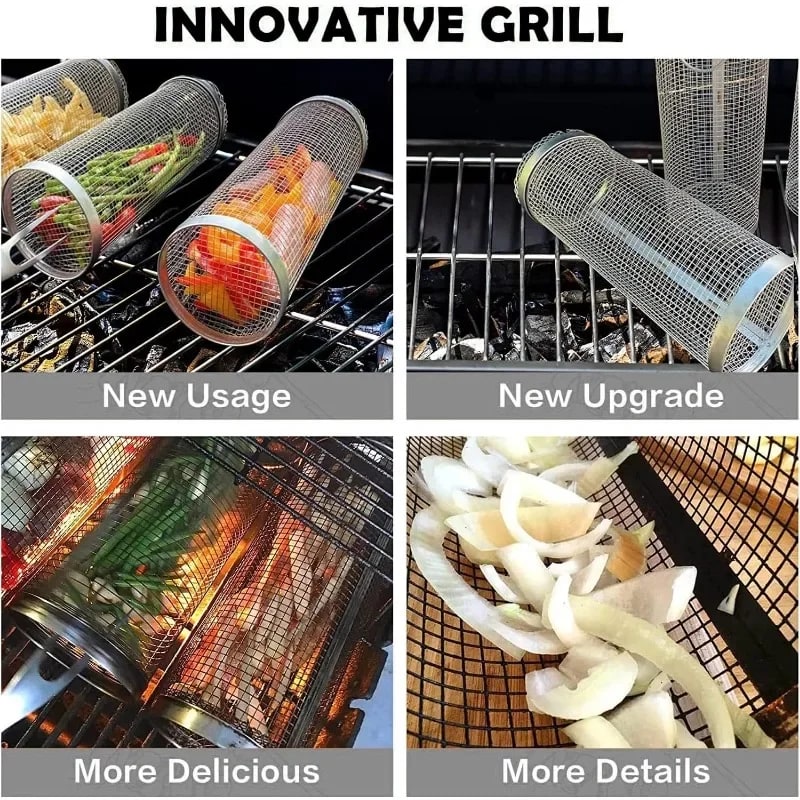 Cylindrical BBQ Grill Basket Rolling Grilling Cage, 20cm or 30cm