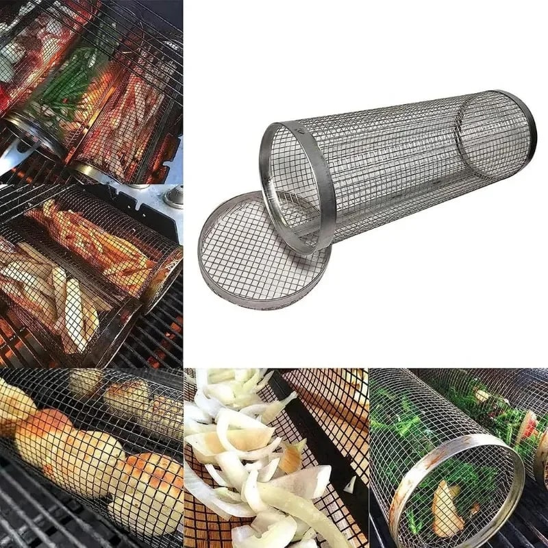 Cylindrical BBQ Grill Basket Rolling Grilling Cage, 20cm or 30cm