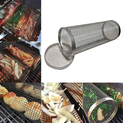 Cylindrical BBQ Grill Basket Rolling Grilling Cage, 20cm or 30cm