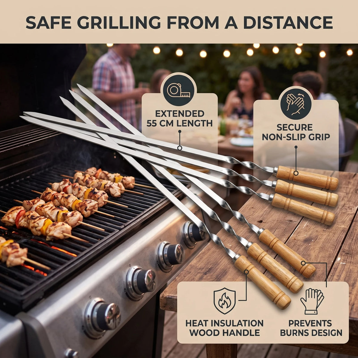 Stainless Steel BBQ Skewers with Beech Wood Handles, 45cm or 55cm, 6 Piece Set