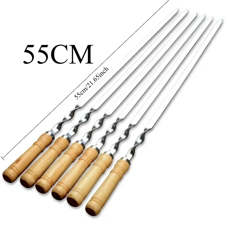 Stainless Steel BBQ Skewers with Beech Wood Handles, 45cm or 55cm, 6 Piece Set - 6pcs wood 55CM