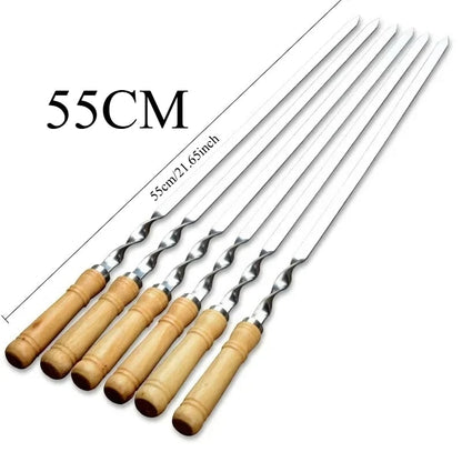 Stainless Steel BBQ Skewers with Beech Wood Handles, 45cm or 55cm, 6 Piece Set - 6pcs wood 55CM