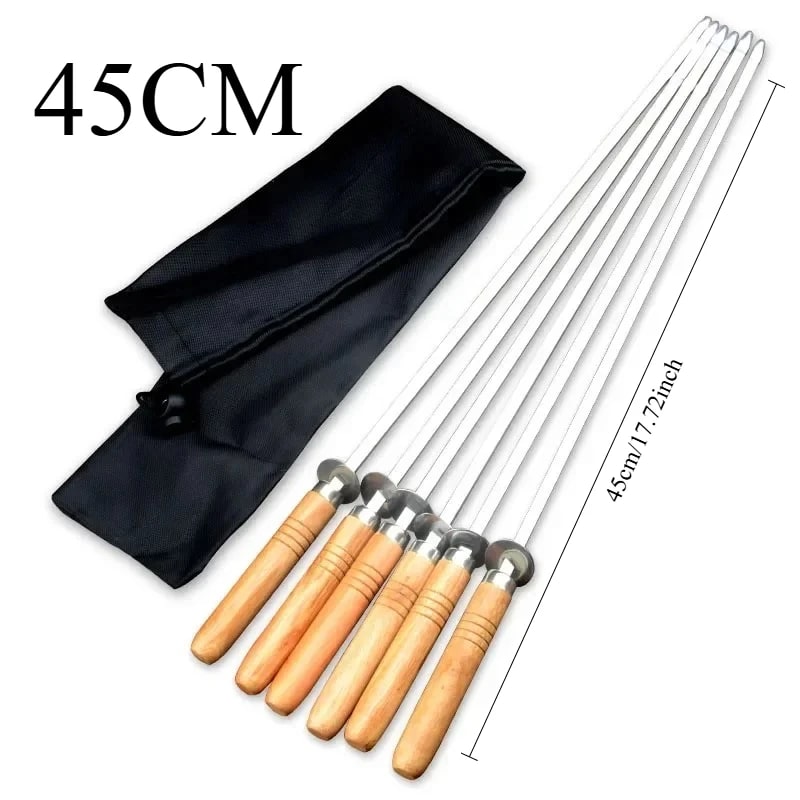 Stainless Steel BBQ Skewers with Beech Wood Handles, 45cm or 55cm, 6 Piece Set - 6PCS 45cm
