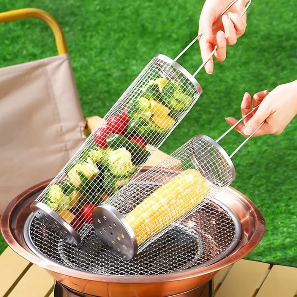 Rolling Grill Basket, Stainless Steel BBQ Basket, 37cm or 47cm