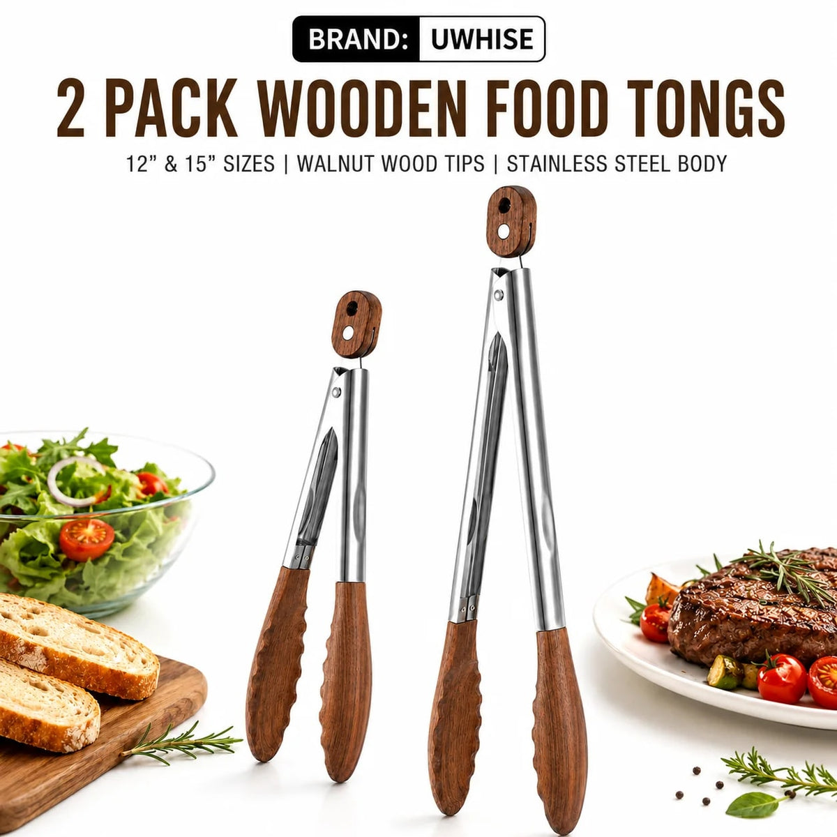 Uwhise 2 Pack BBQ Tongs with Walnut Wood Tips, Stainless Steel, 12 or 15 inch
