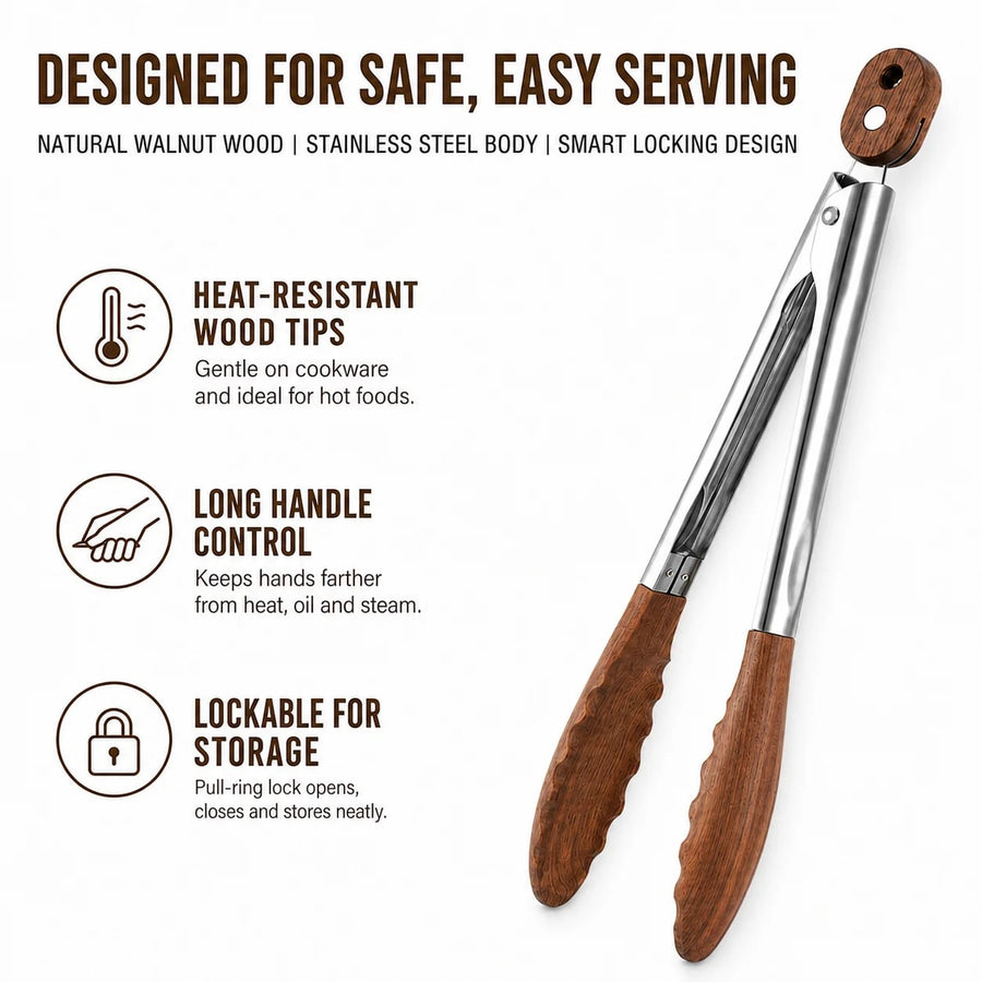 Uwhise 2 Pack BBQ Tongs with Walnut Wood Tips, Stainless Steel, 12 or 15 inch