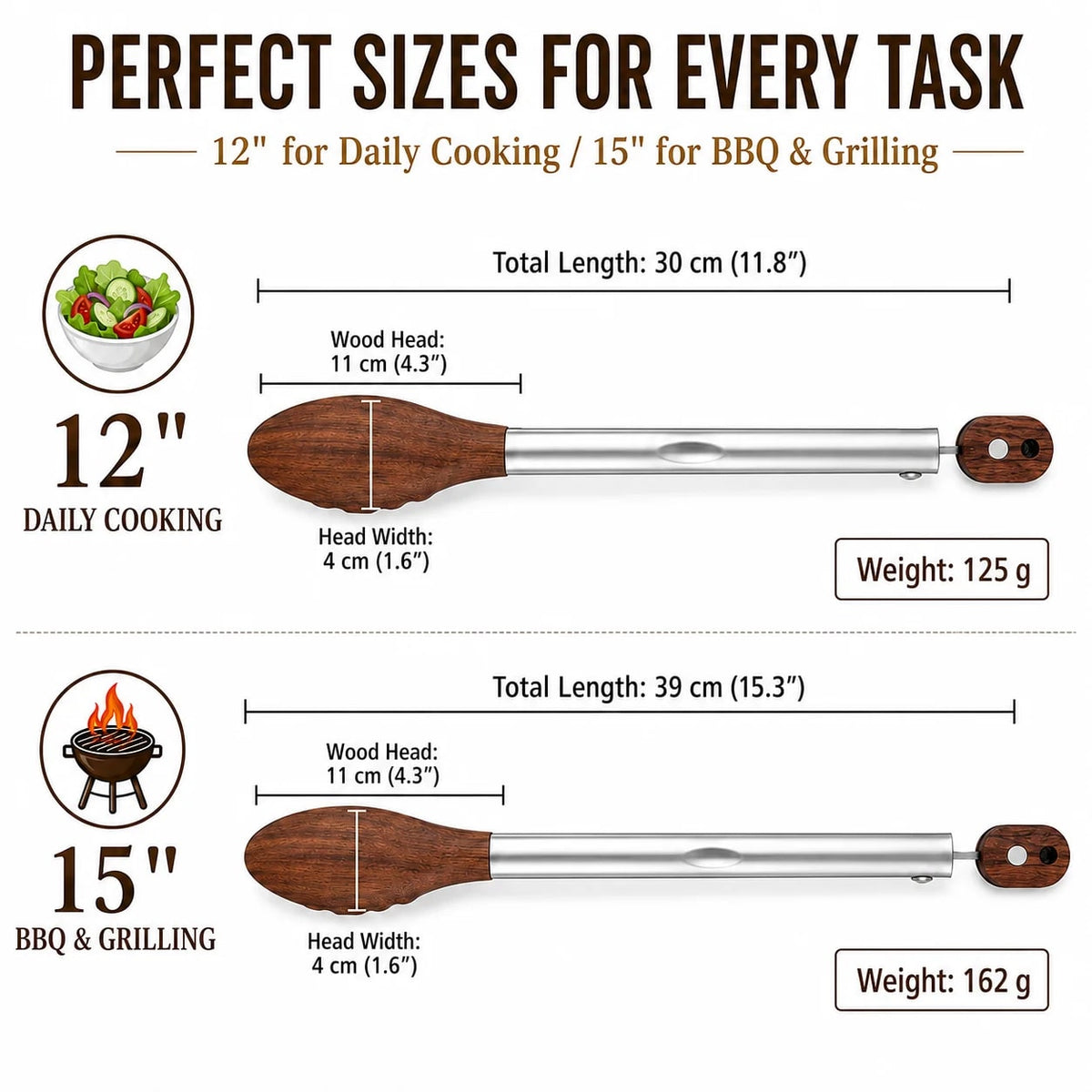 Uwhise 2 Pack BBQ Tongs with Walnut Wood Tips, Stainless Steel, 12 or 15 inch
