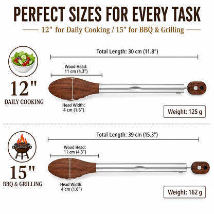 Uwhise 2 Pack BBQ Tongs with Walnut Wood Tips, Stainless Steel, 12 or 15 inch