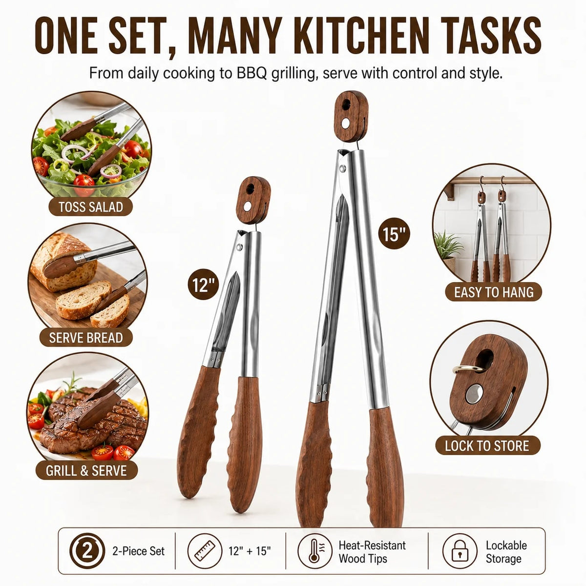 Uwhise 2 Pack BBQ Tongs with Walnut Wood Tips, Stainless Steel, 12 or 15 inch