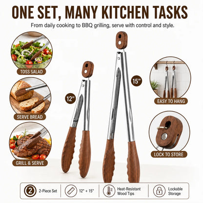 Uwhise 2 Pack BBQ Tongs with Walnut Wood Tips, Stainless Steel, 12 or 15 inch