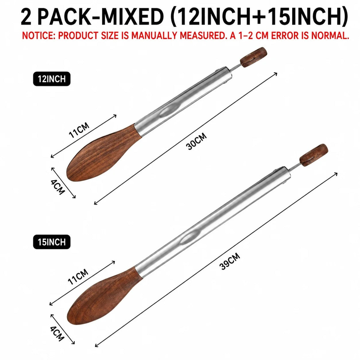Uwhise 2 Pack BBQ Tongs with Walnut Wood Tips, Stainless Steel, 12 or 15 inch - 2 PACK- Mixed