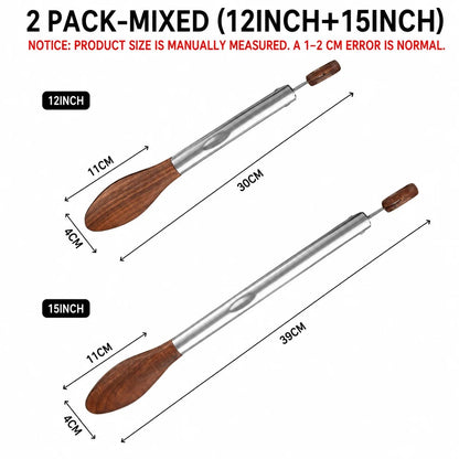 Uwhise 2 Pack BBQ Tongs with Walnut Wood Tips, Stainless Steel, 12 or 15 inch - 2 PACK- Mixed