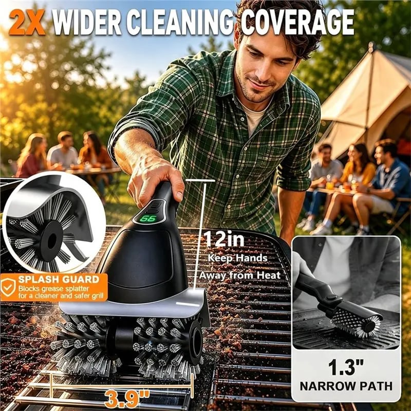 Rechargeable Electric BBQ Grill Brush with Dual-Speed Rotary Heads and Extended Handle